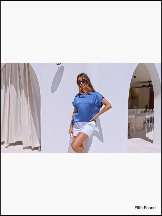 Satin Short Sleeve Blouse Crew Neck Loose Fit Business Casual Top - Picture 7 of 7